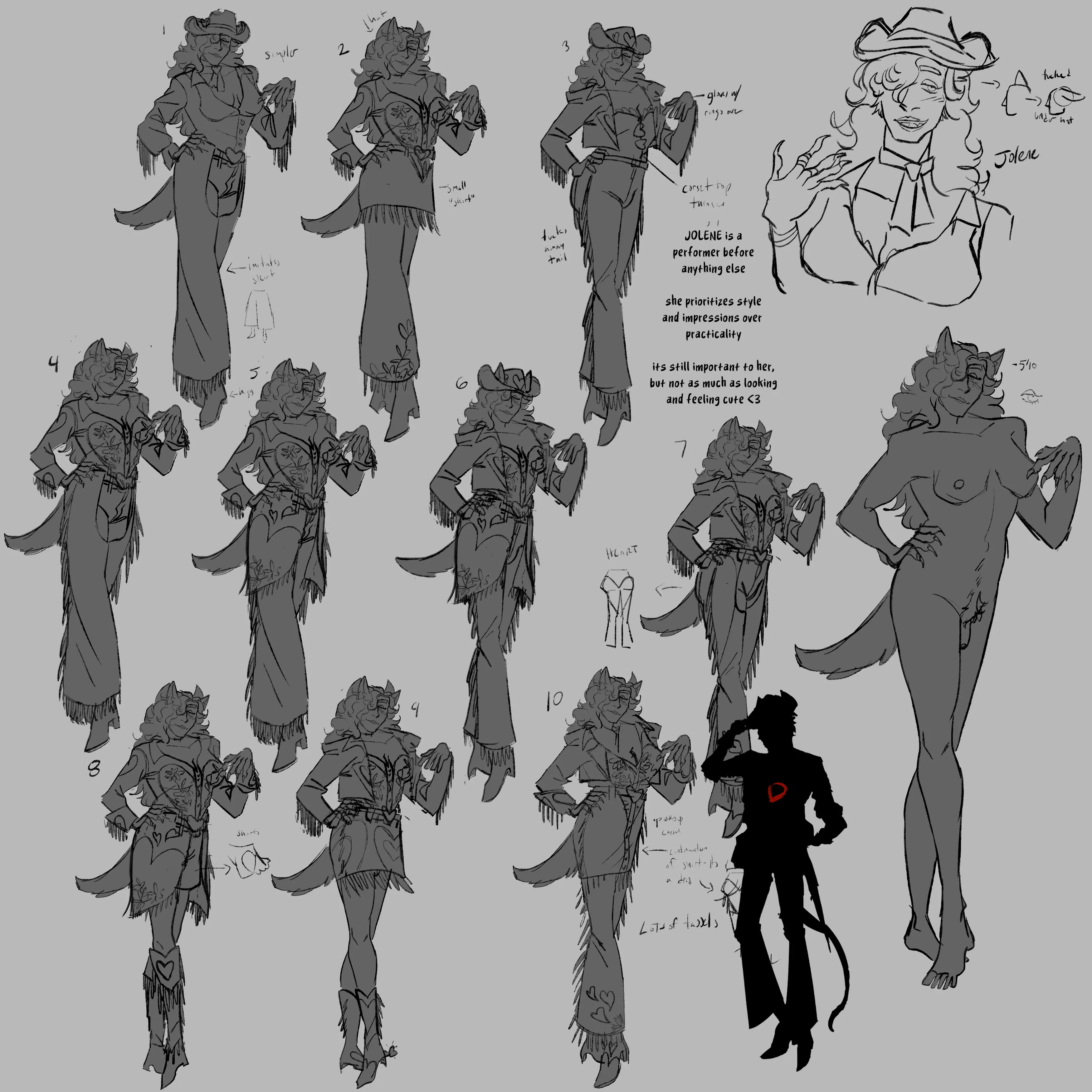 Initial design concepts for Jolene, a bounty hunter-cowgirl-country singer.